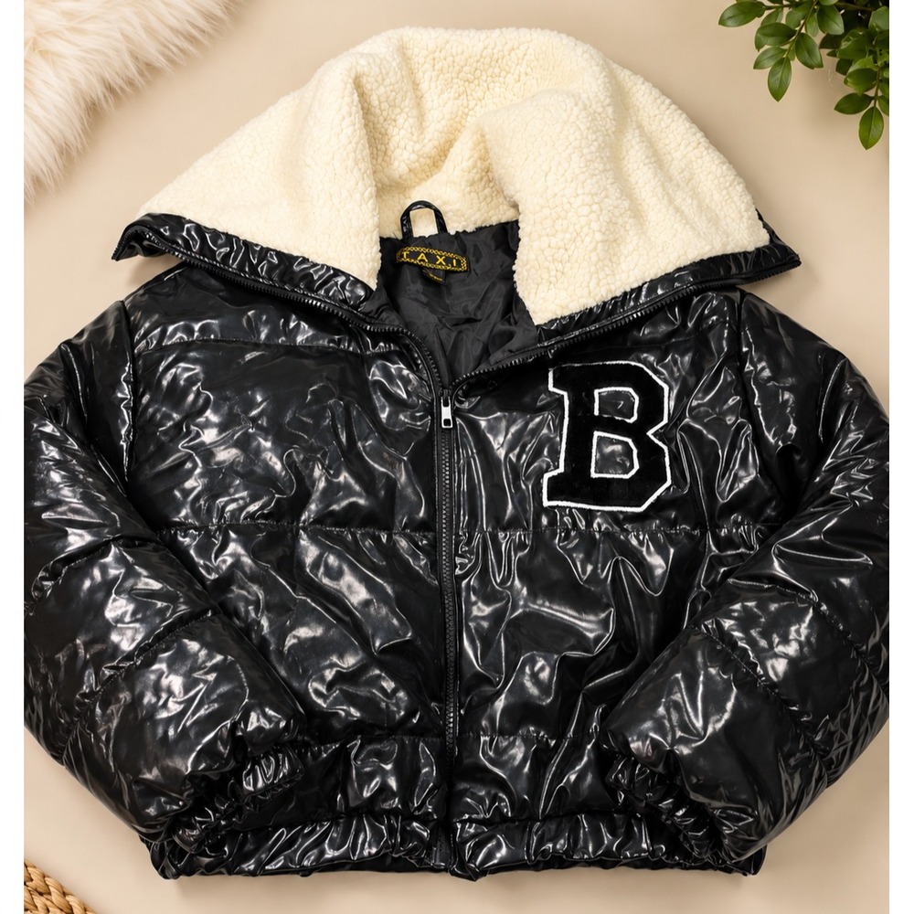 Helium London Shiny Black Puffer Jacket Cropped L Big Fleece Collar Streetwear